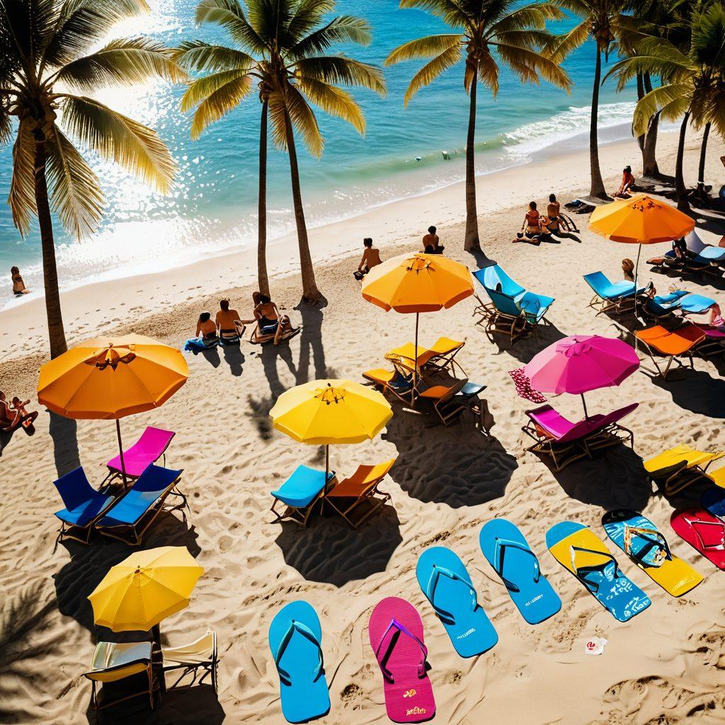 A vibrant beach scene featuring diverse groups of people joyfully trying on colorful swimsuits, engaging in fun activities like beach volleyball and sunbathing. The sun sets behind them, creating a golden glow, while beach accessories like hats, towels, and flip-flops are scattered around. Include an inviting invitation banner with 'Unleash Your Beachwear Passion!' written in stylish fonts. super-realistic. vibrant colors. tropical background.